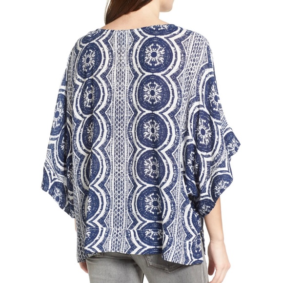 Roxy Koggala blue white print wide kimono short sleeve scoop neck top shirt - Picture 2 of 11